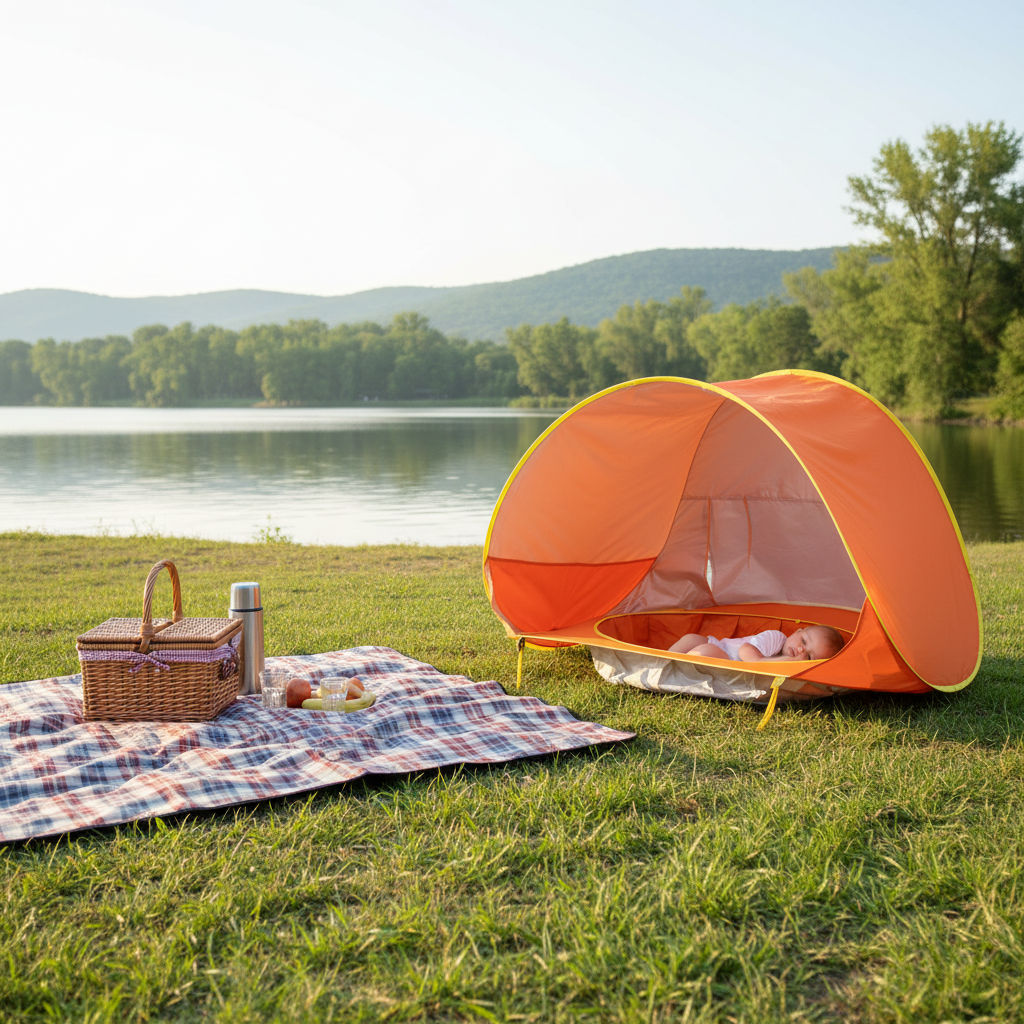 Baby napping in beach tent at lakeside picnic