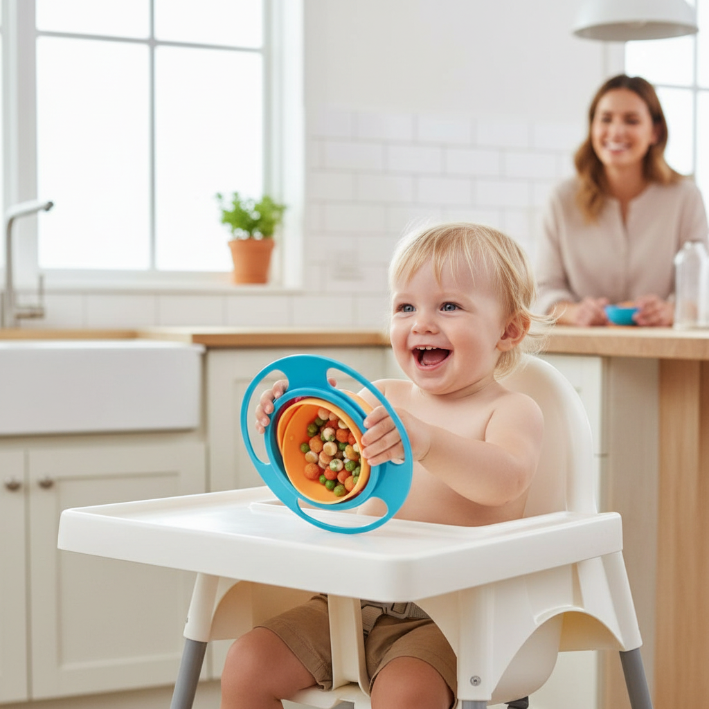 Baby using gyro bowl in high chair