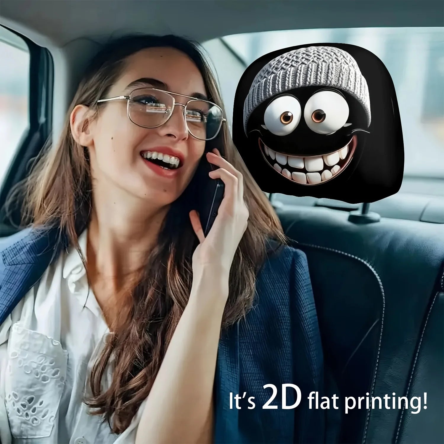 2Pc Cozy Cartoon Cuddles for Your Car's Napping Neck - Smiley Face Headrest Huggers That Wash Away Road Trip Grime!