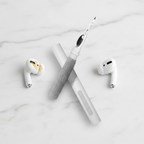 Before and after AirPod cleaning with dual-head cleaning pen
