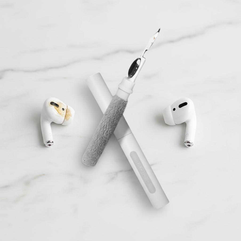 Before and after AirPod cleaning with dual-head cleaning pen