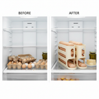 Before and after fridge organization with rolling egg rack