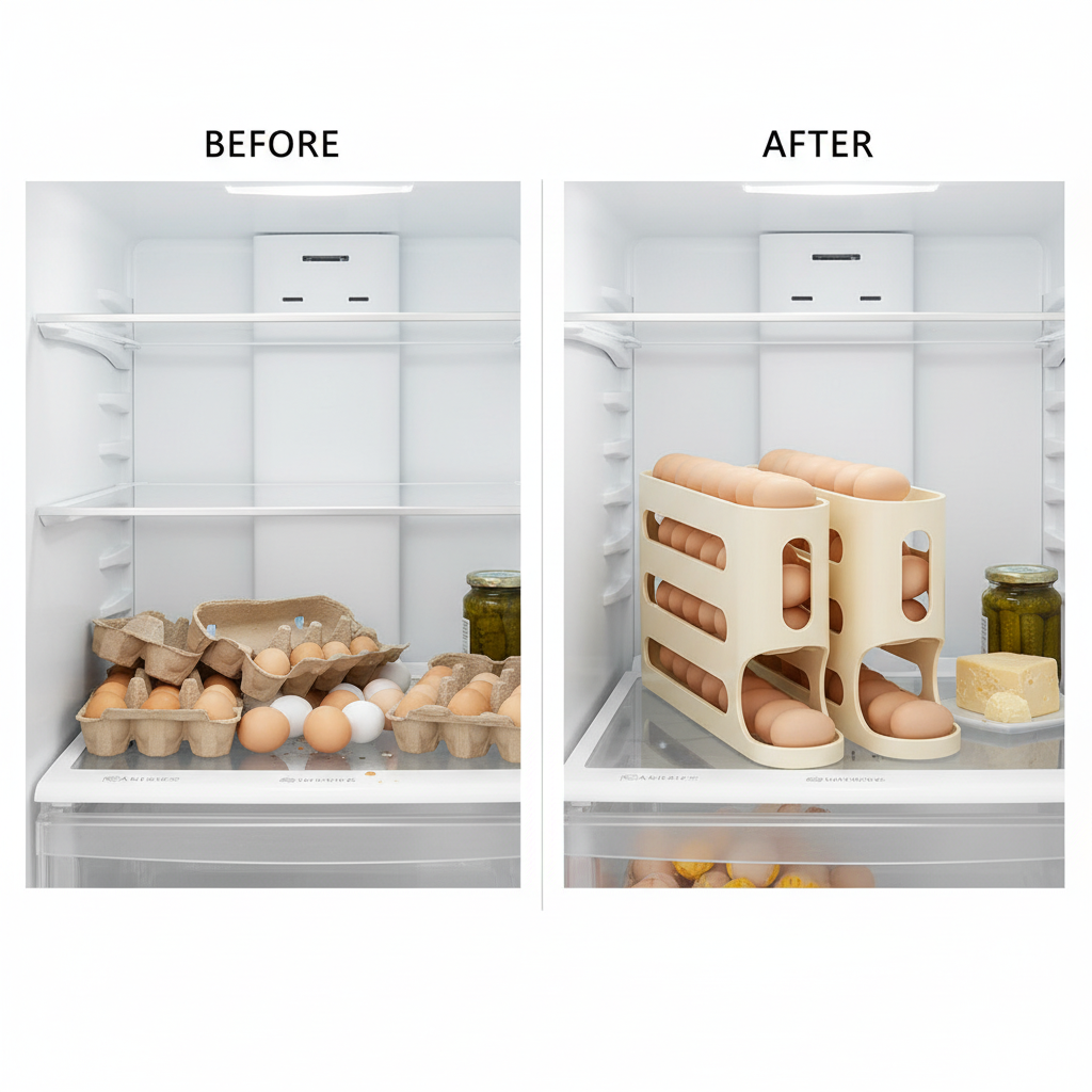 Before and after fridge organization with rolling egg rack
