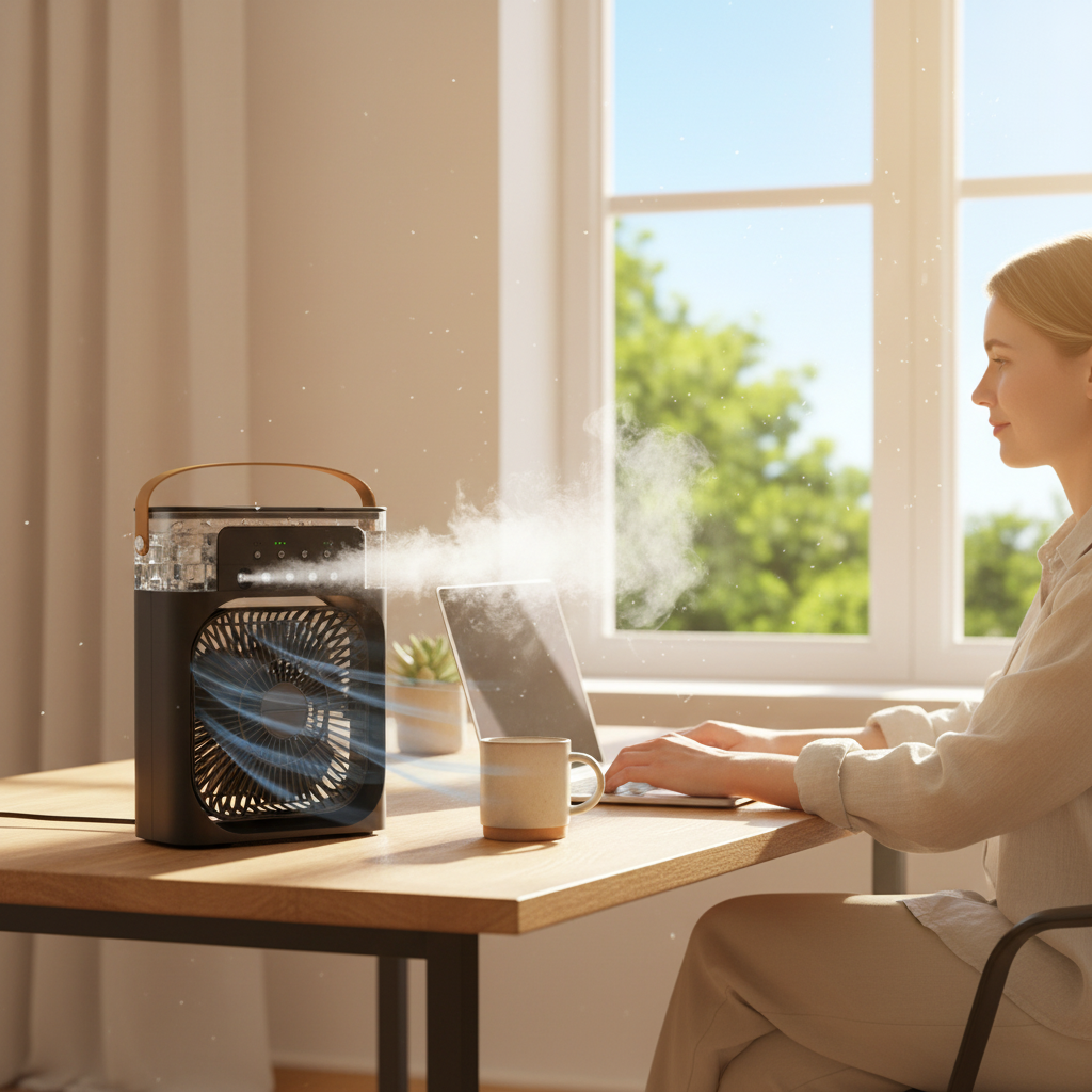 Black portable air cooler fan on home office desk with cool mist