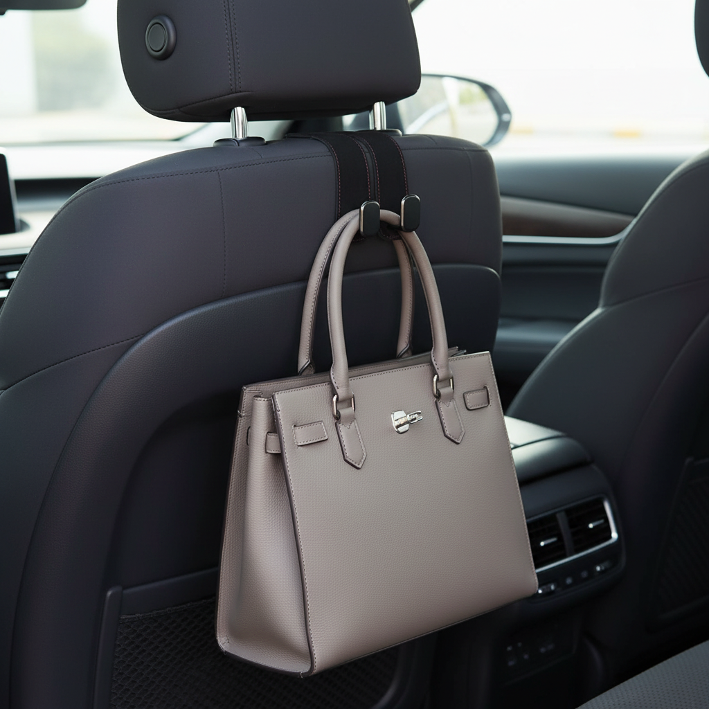 Black suede car hook holding handbag