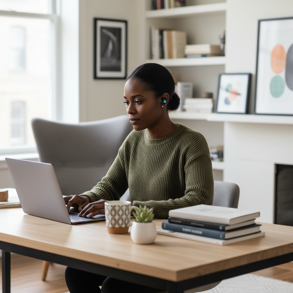 Black woman working from home with wireless earbuds