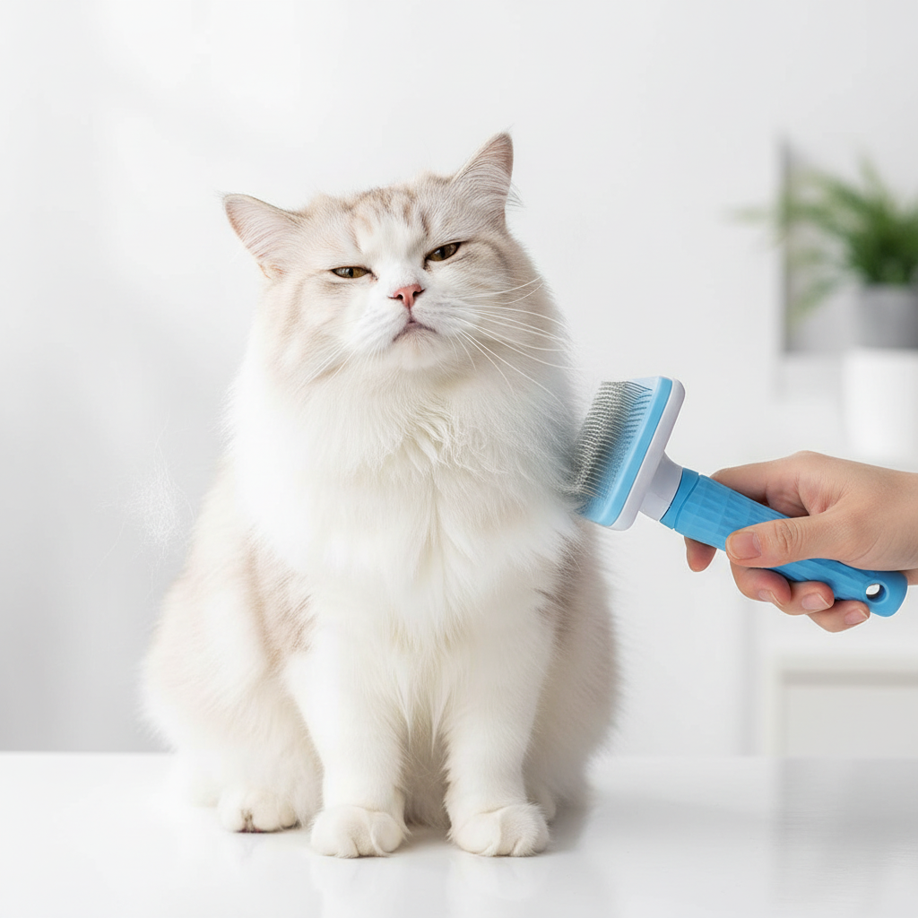 Blue slicker brush used on fluffy cat