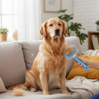 Blue slicker brush used on golden retriever