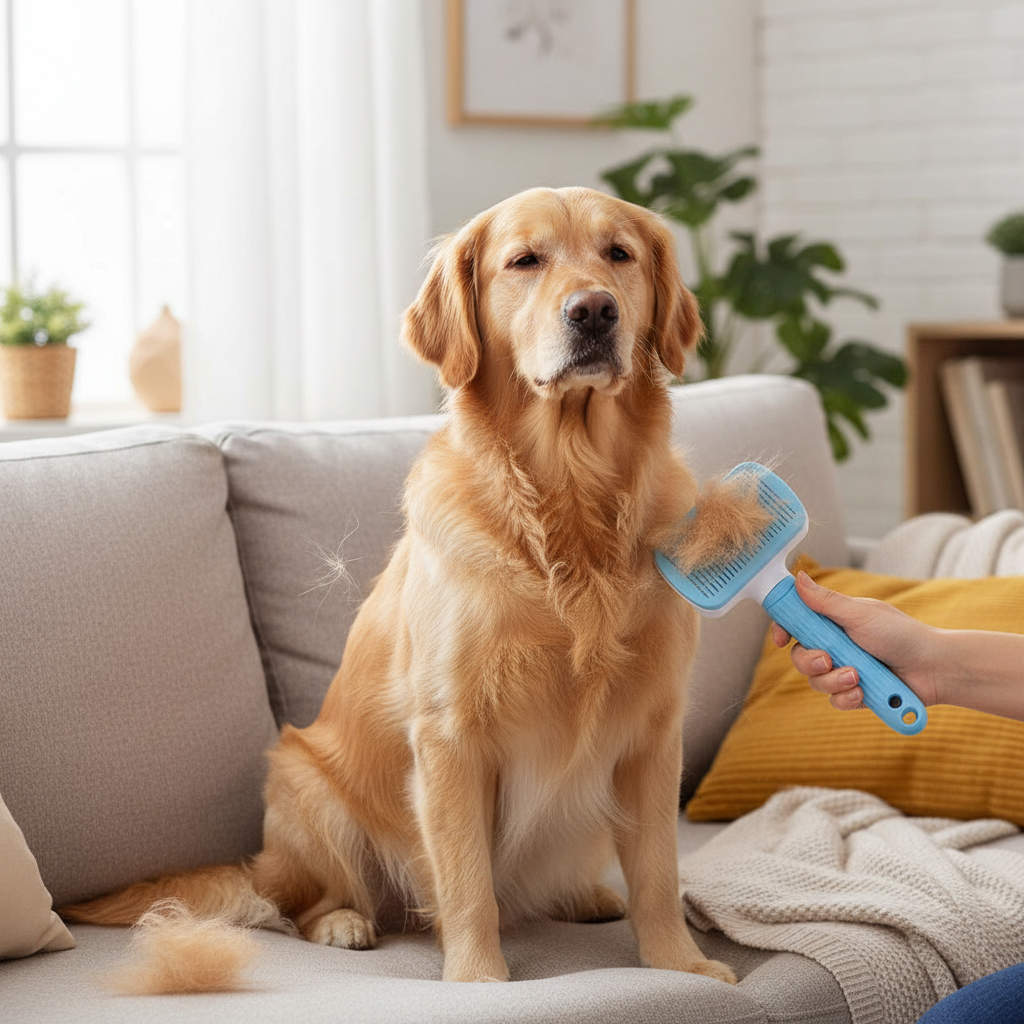 Blue slicker brush used on golden retriever