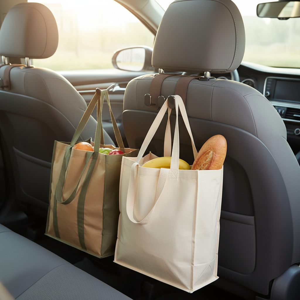 Brown suede car hook holding grocery bags