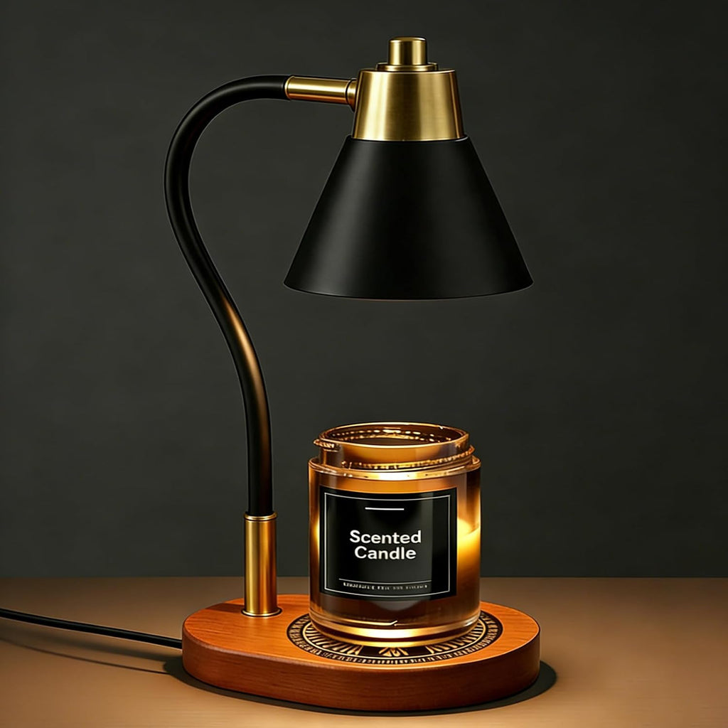 Black metal top-down candle warmer lamp on a wooden base
