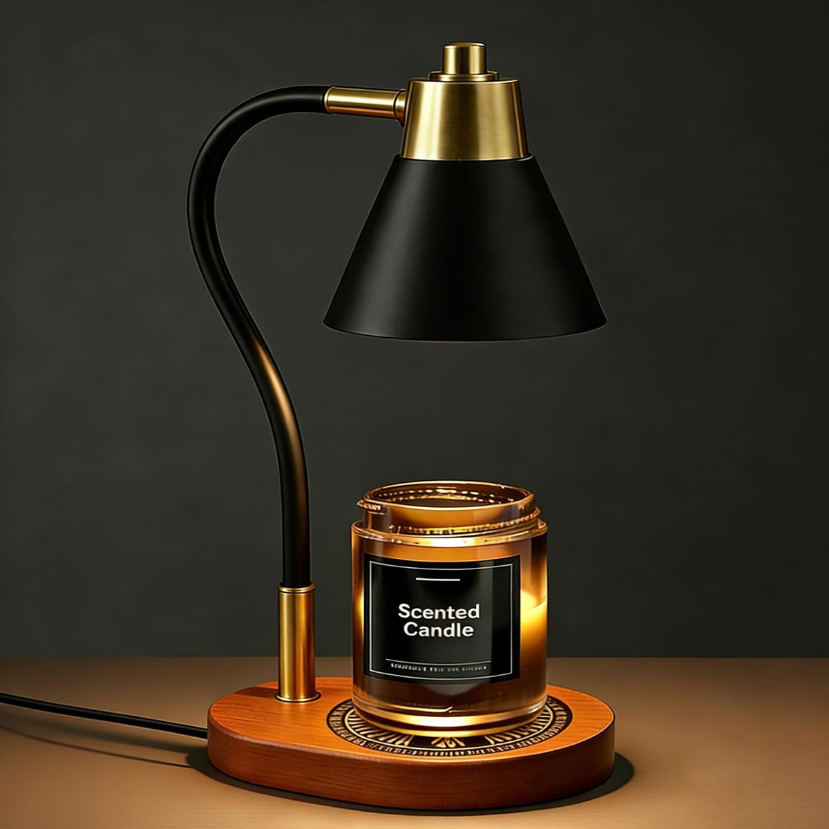 Black metal top-down candle warmer lamp on a wooden base