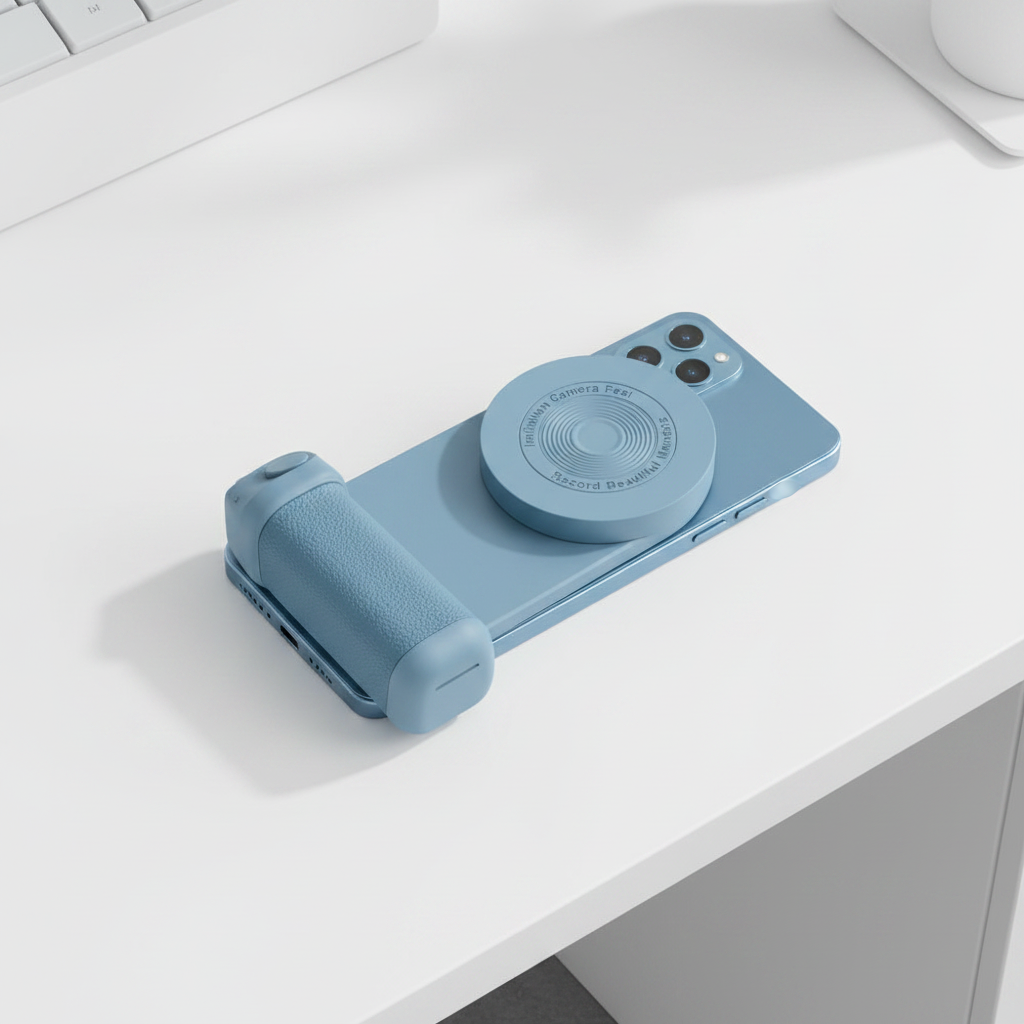 Camera handle grip flat lay on white desk