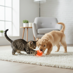 Cat and dog both playing with the smart ball