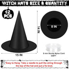 12 PCS Halloween Witch Hats, Black Hanging Witch Hats Porch Yard Decor