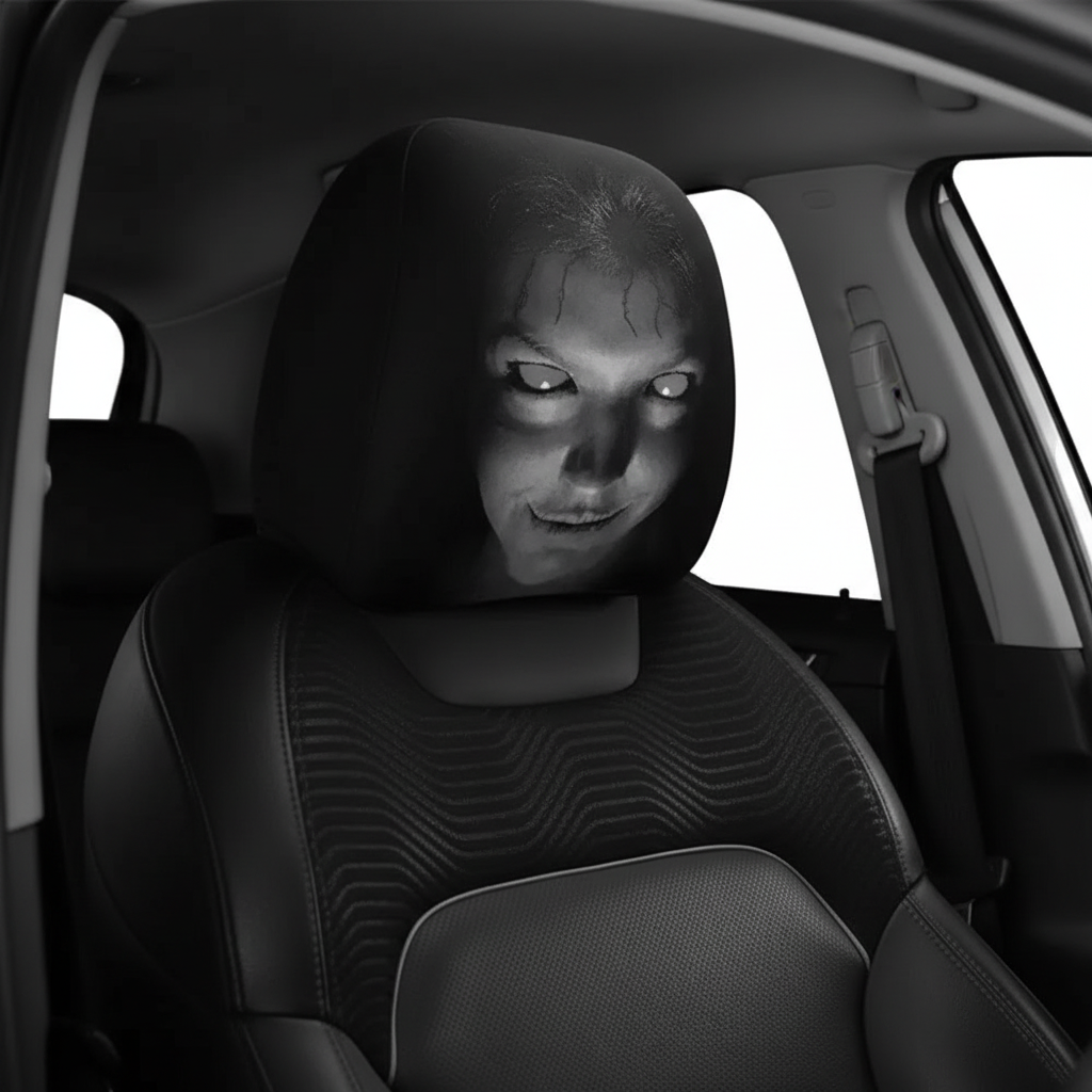 Close-up of horror skull face car headrest cover on seat