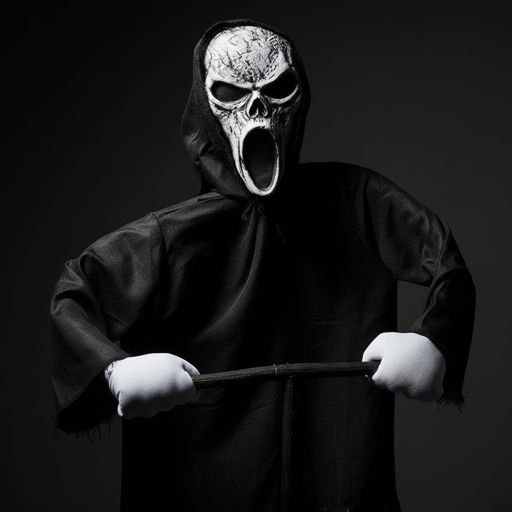 Close-up of screaming skull ghost face scarecrow mask detail
