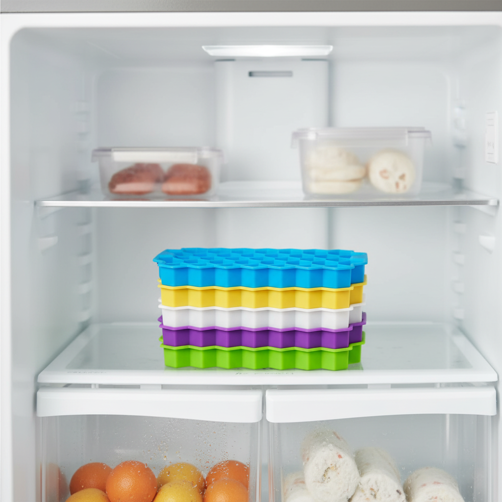 Colorful silicone honeycomb ice trays stacked in freezer