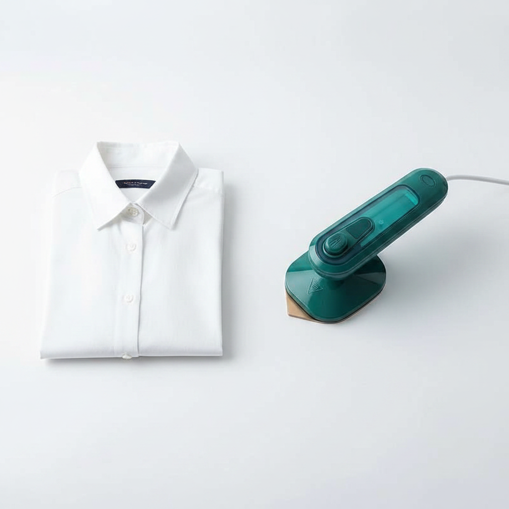 Compact teal micro steam iron flat lay on white surface
