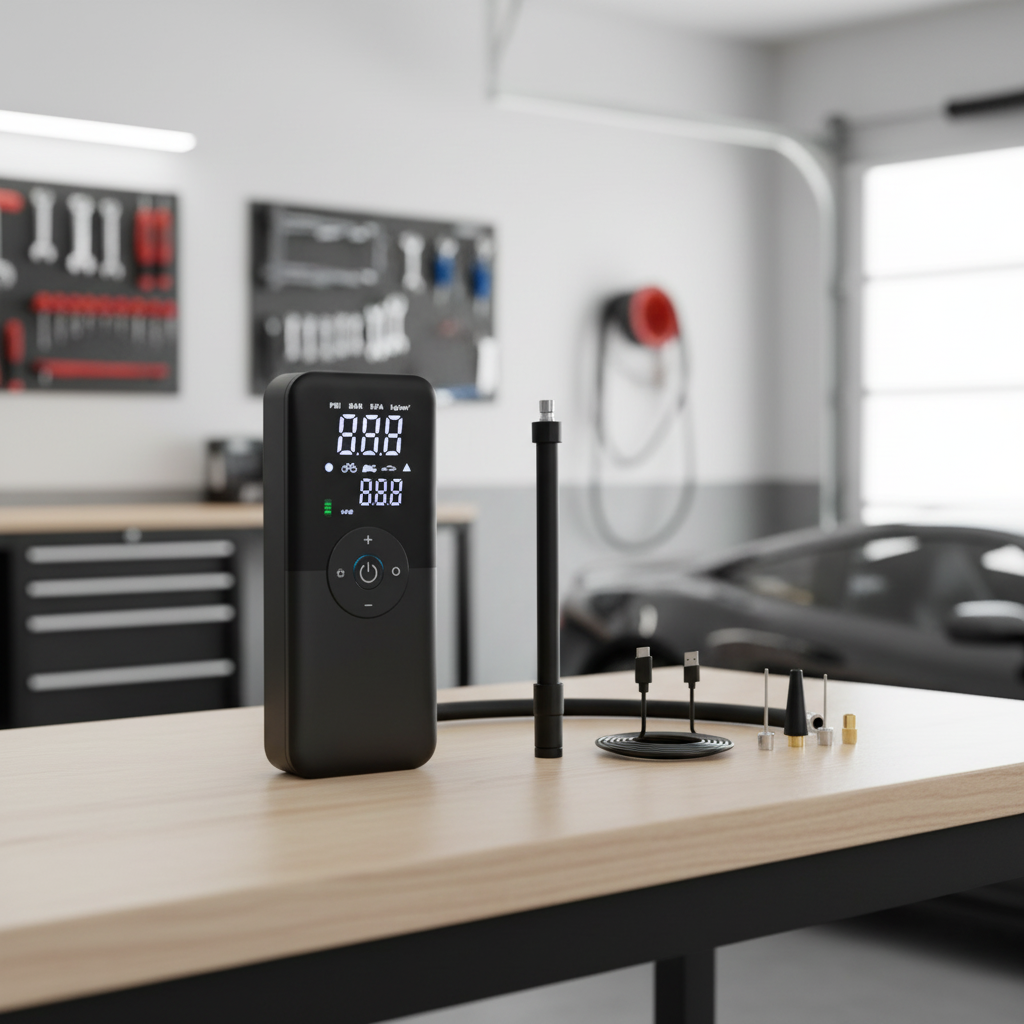 Cordless tire inflator with all accessories on garage workbench
