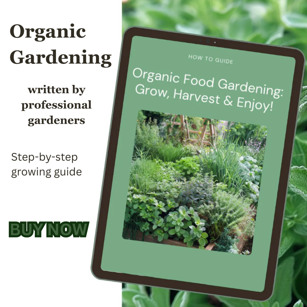 Promotional graphic for an organic gardening guide with a tablet displaying the guide's cover against a garden background.