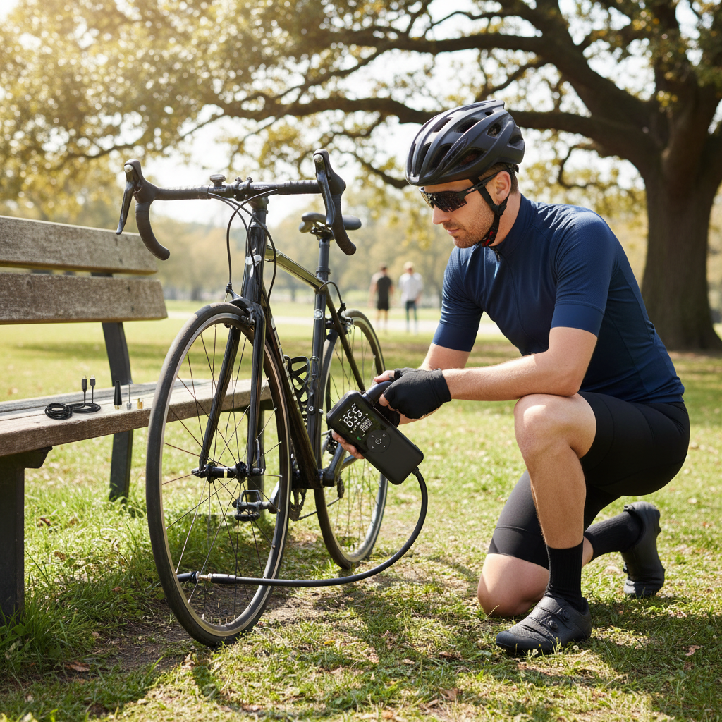 Cyclist using cordless digital tire inflator on bicycle tire