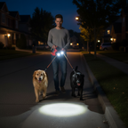 Dual dog leash night walk with flashlight