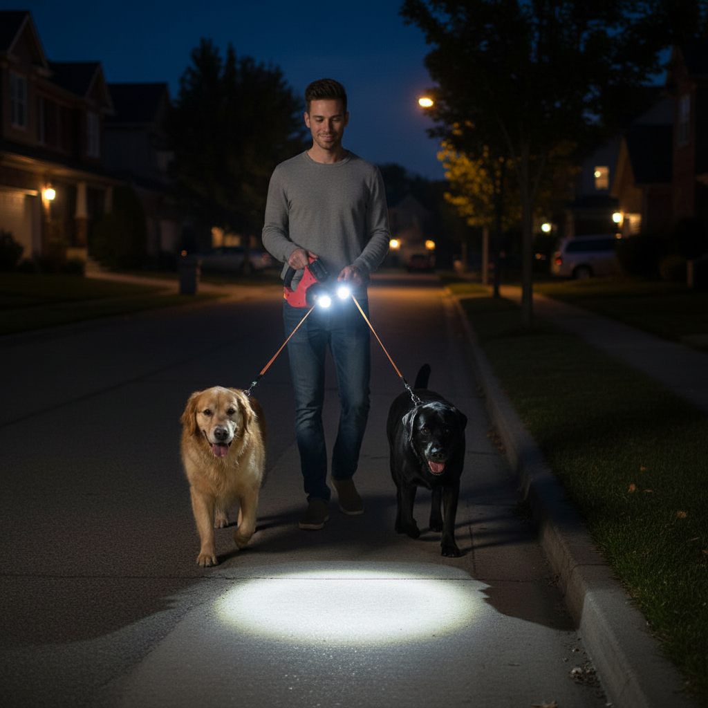 Dual dog leash night walk with flashlight