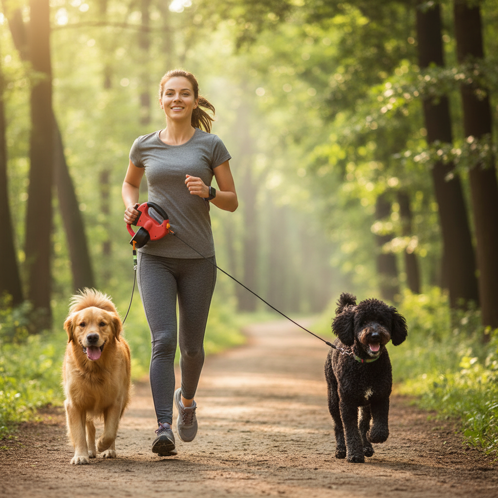 Dual dog leash used while jogging