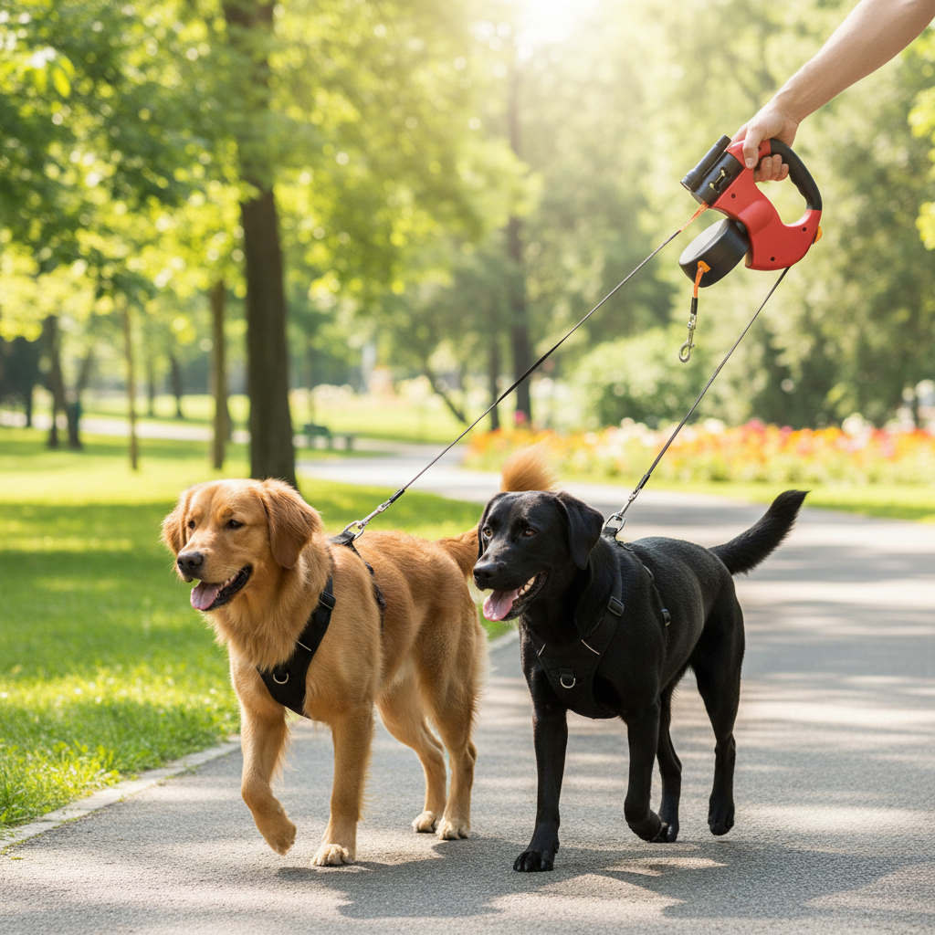 Dual dog leash walking two dogs in park