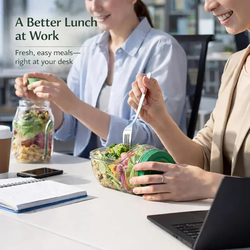 Two people at a desk with salads and a jar of salad, promoting a better lunch at work.
