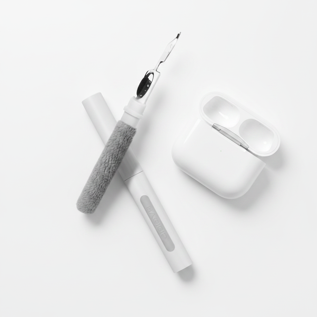 Earbud cleaning pen disassembled next to AirPods case flat lay