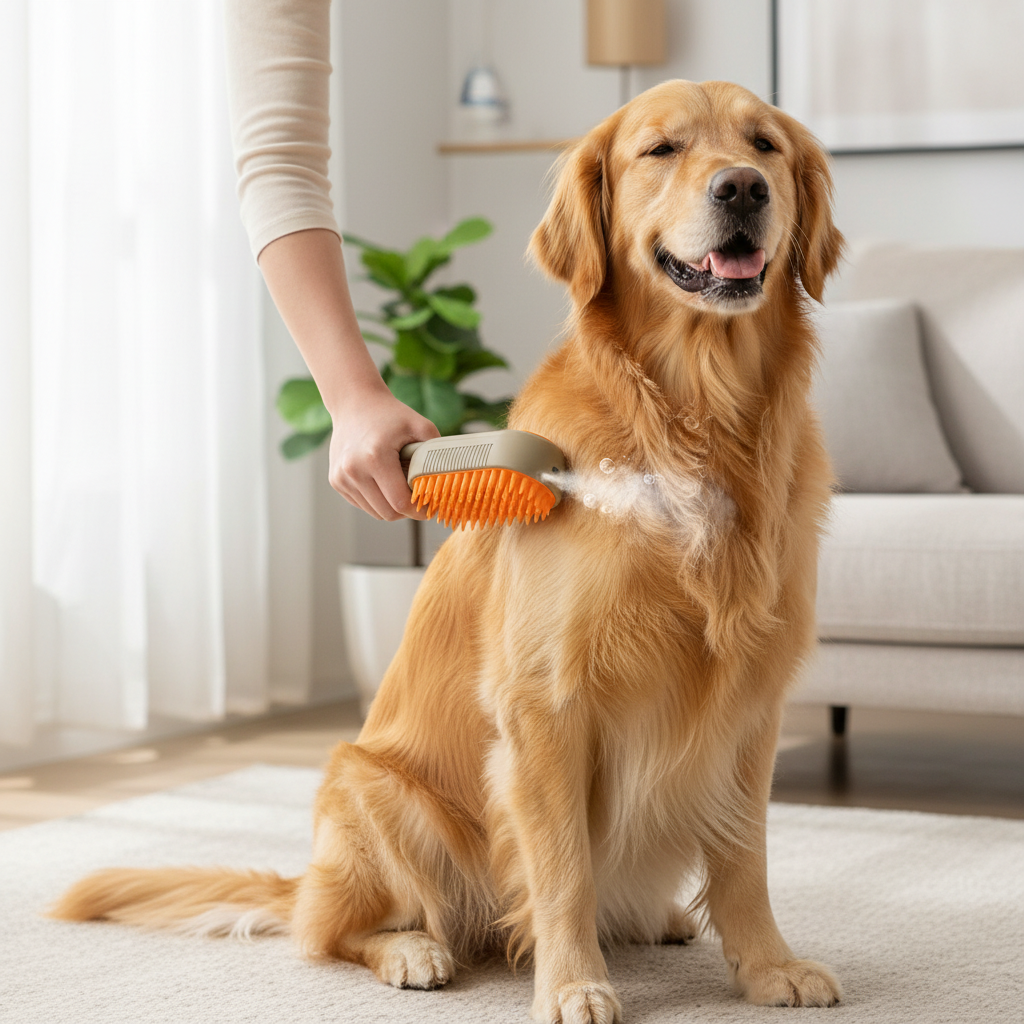 Electric spray comb grooming a golden retriever