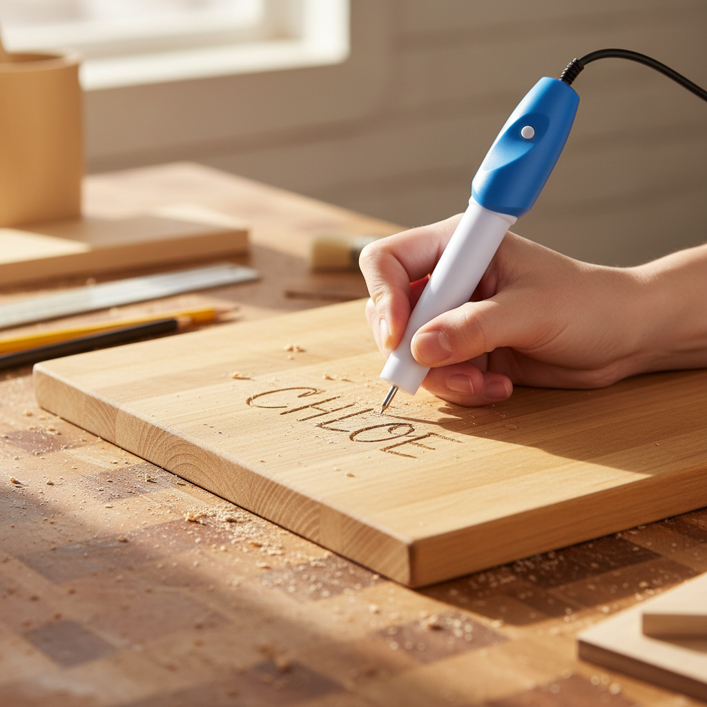 Engraving pen on wooden cutting board