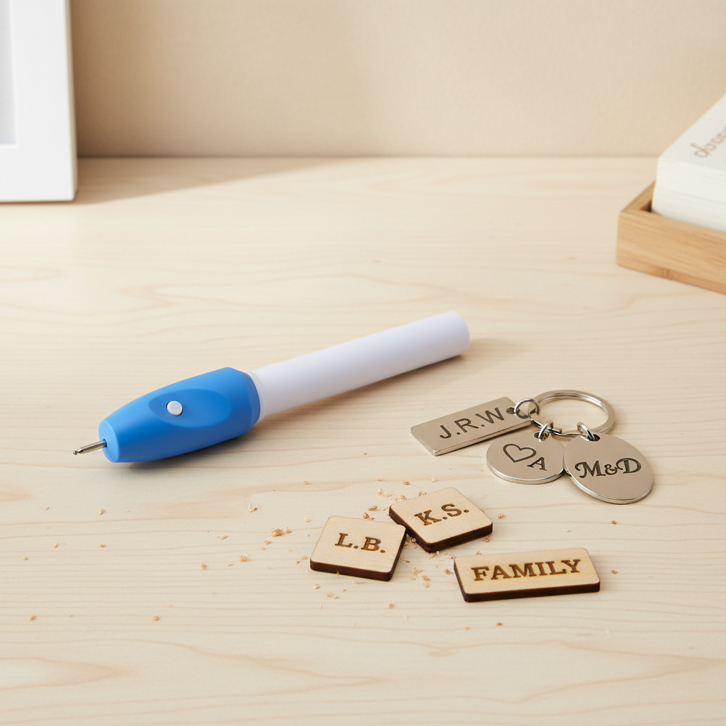 Engraving pen with personalized gifts flat lay