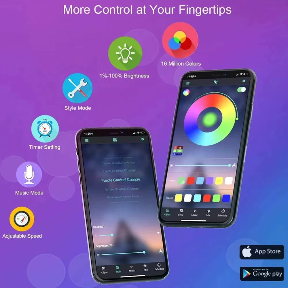 Two smartphones with colorful displays on a gradient purple and blue background, featuring app store logos.
