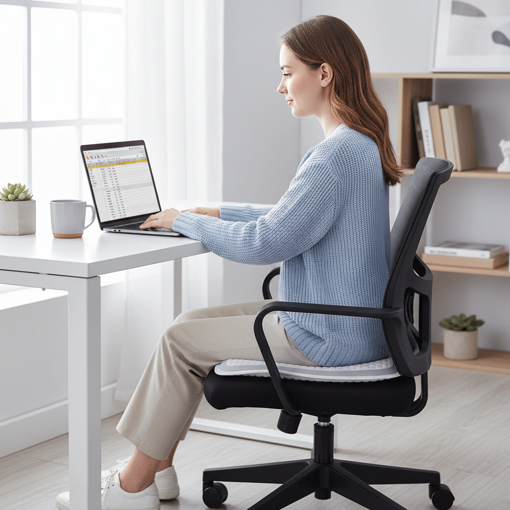 Gel seat cushion on office chair at desk