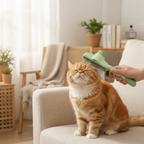 Green grooming comb used on tabby cat