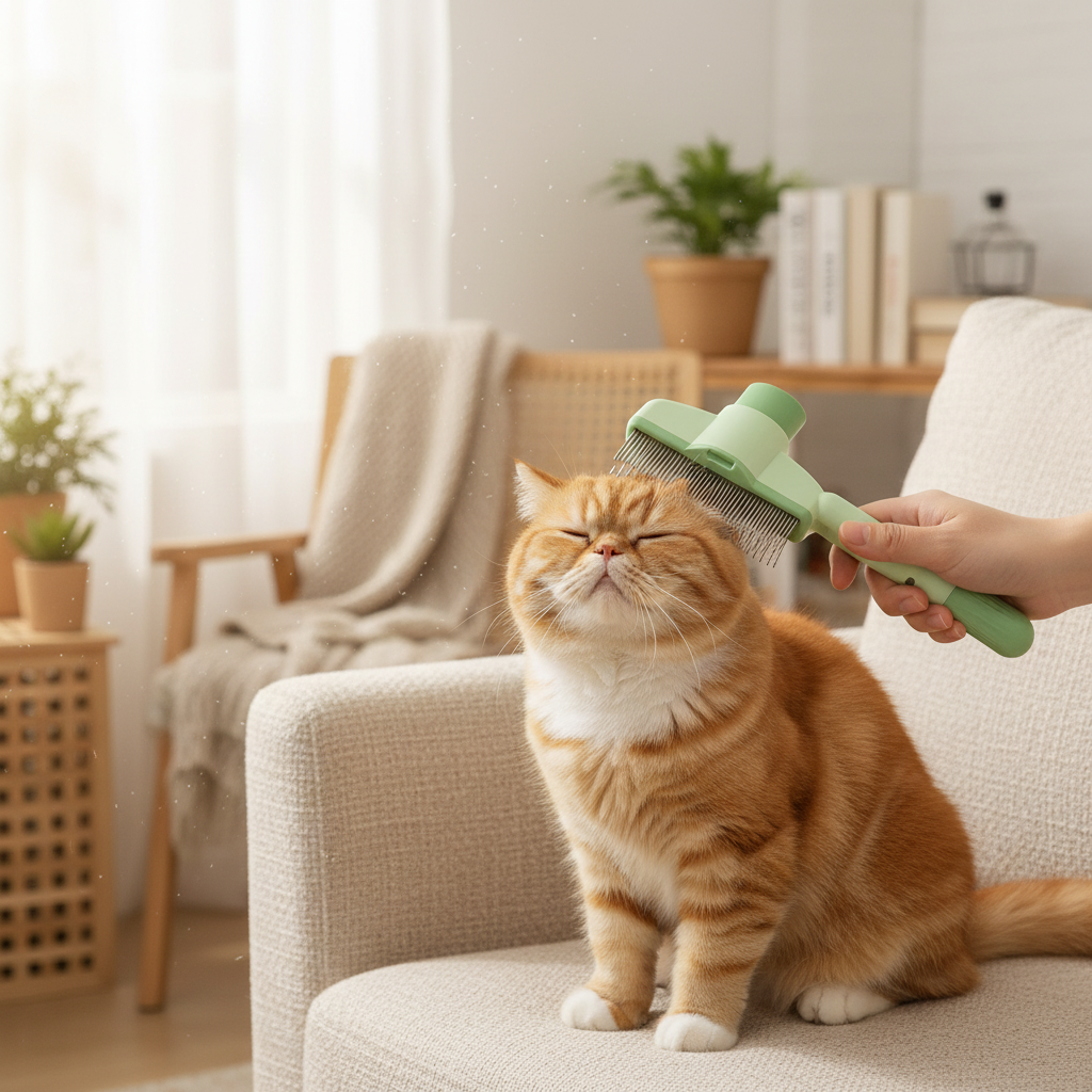 Green grooming comb used on tabby cat