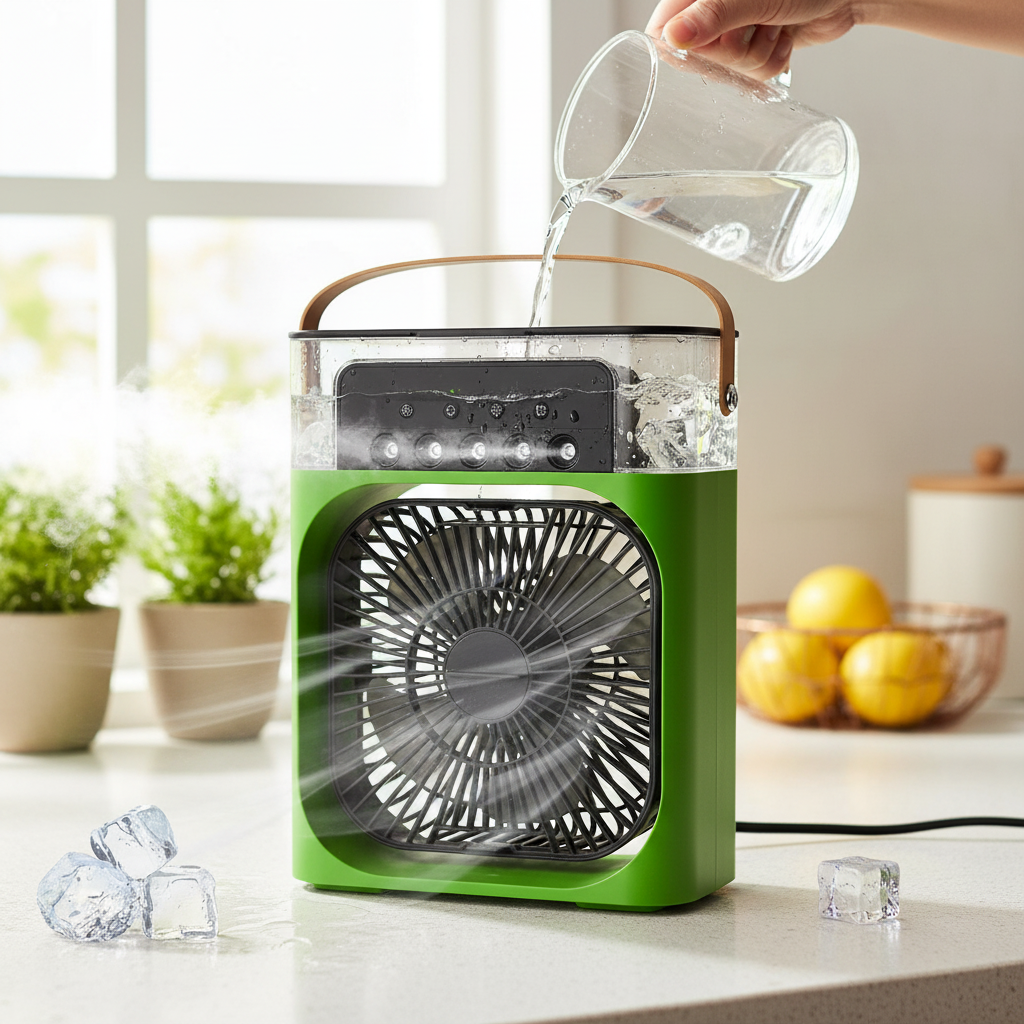Green portable air cooler fan being filled with ice cubes