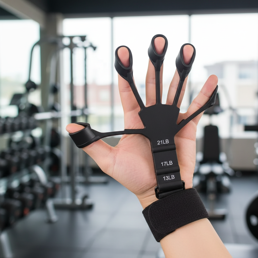 Grip strengthener worn at the gym