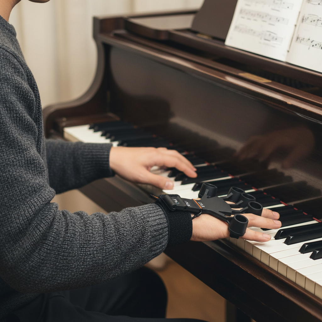 Grip strengthener worn by musician at piano