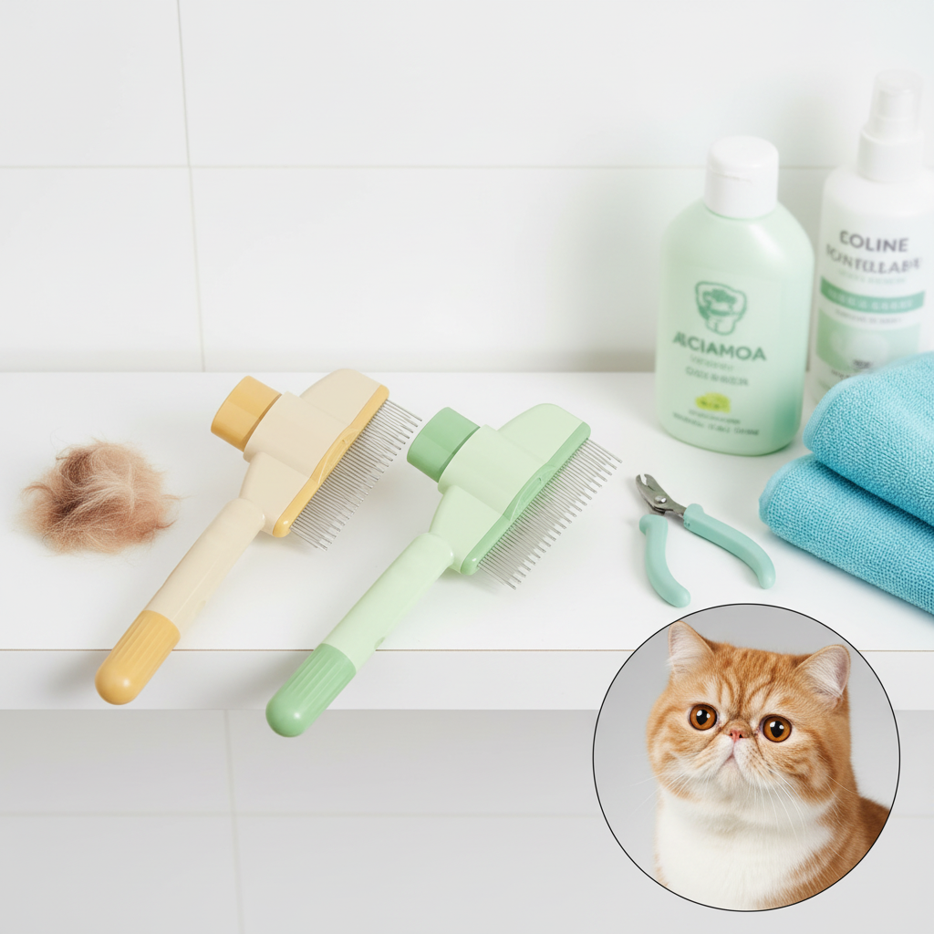 Grooming combs on shelf with cat nearby