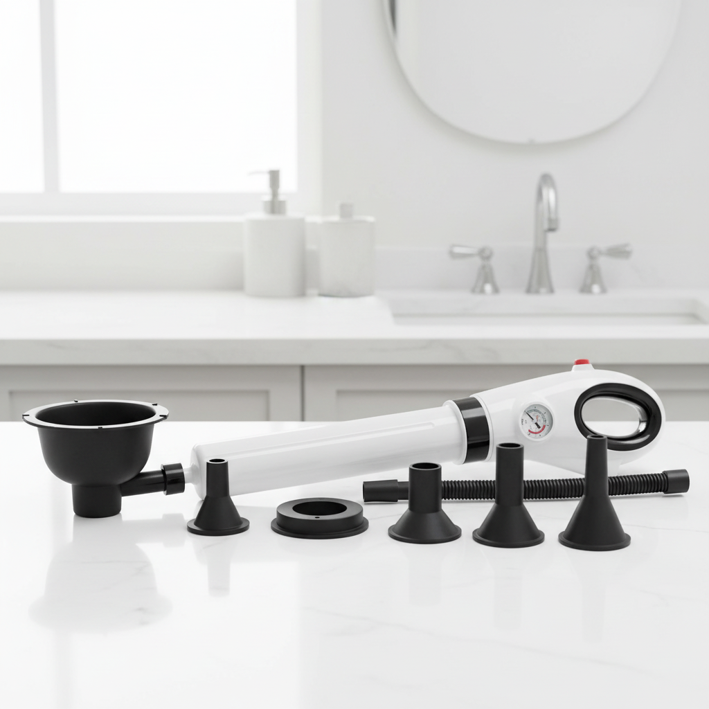 High-pressure plunger with nozzle attachments on countertop