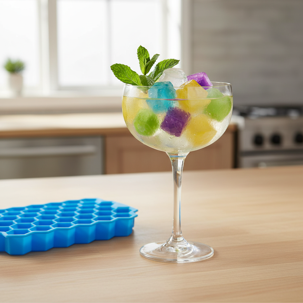Honeycomb ice cubes in refreshing cocktail with silicone tray