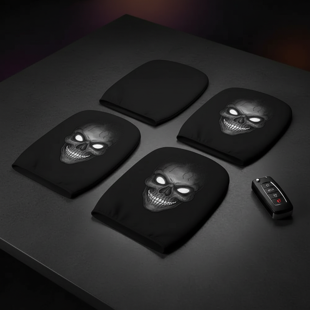 Horror headrest covers flat lay with car key