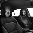 Horror skull headrest covers on both front car seats viewed from back