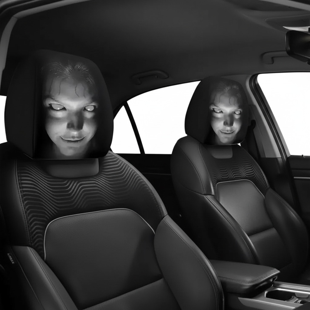 Horror skull headrest covers on both front car seats viewed from back