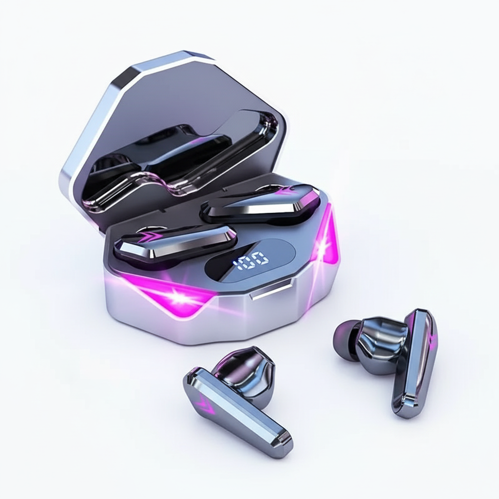 Wireless Bluetooth earbuds with LED battery display in charging case - clean studio shot