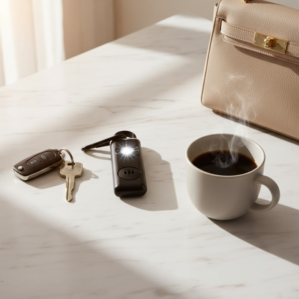 Personal safety alarm lifestyle flatlay